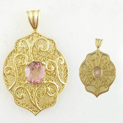Filigree Pendant with Morganite-Colored Quartz – 10x14mm Gemstone - TurkishBling