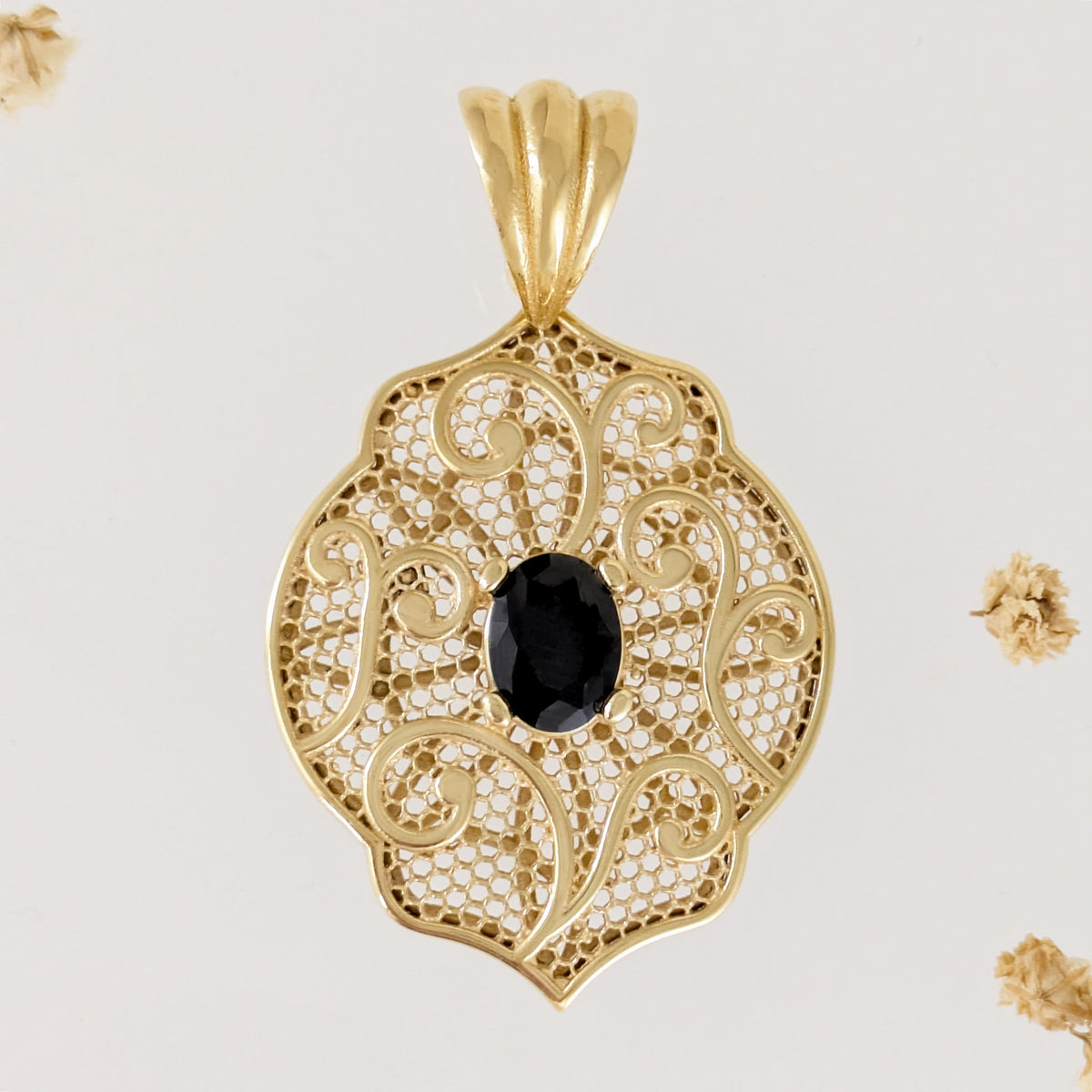 Scroll Pattern Pendant Black Spinel Statement Jewelry