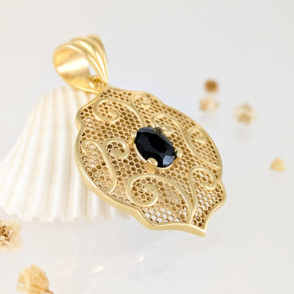 Scroll Pattern Pendant Black Spinel Statement Jewelry