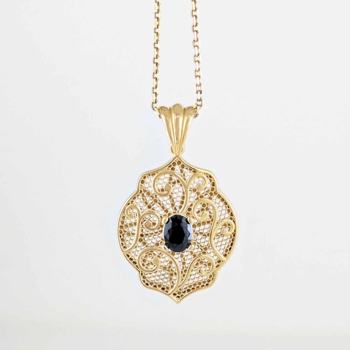 Scroll Pattern Pendant Black Spinel Statement Jewelry