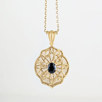 Scroll Pattern Pendant Black Spinel Statement Jewelry