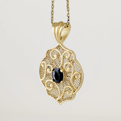 Scroll Pattern Pendant Black Spinel Statement Jewelry