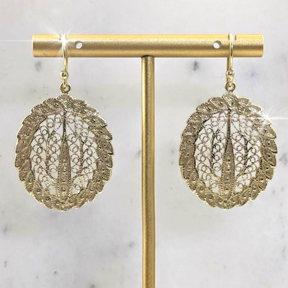 Gold Over Bronze Large Filigree Leaf-Shaped Dangle Earrings - TurkishBling
