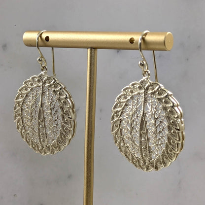 Gold Over Bronze Large Filigree Leaf-Shaped Dangle Earrings - TurkishBling