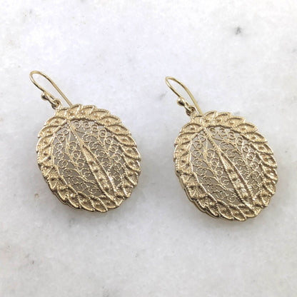 Gold Over Bronze Large Filigree Leaf-Shaped Dangle Earrings - TurkishBling