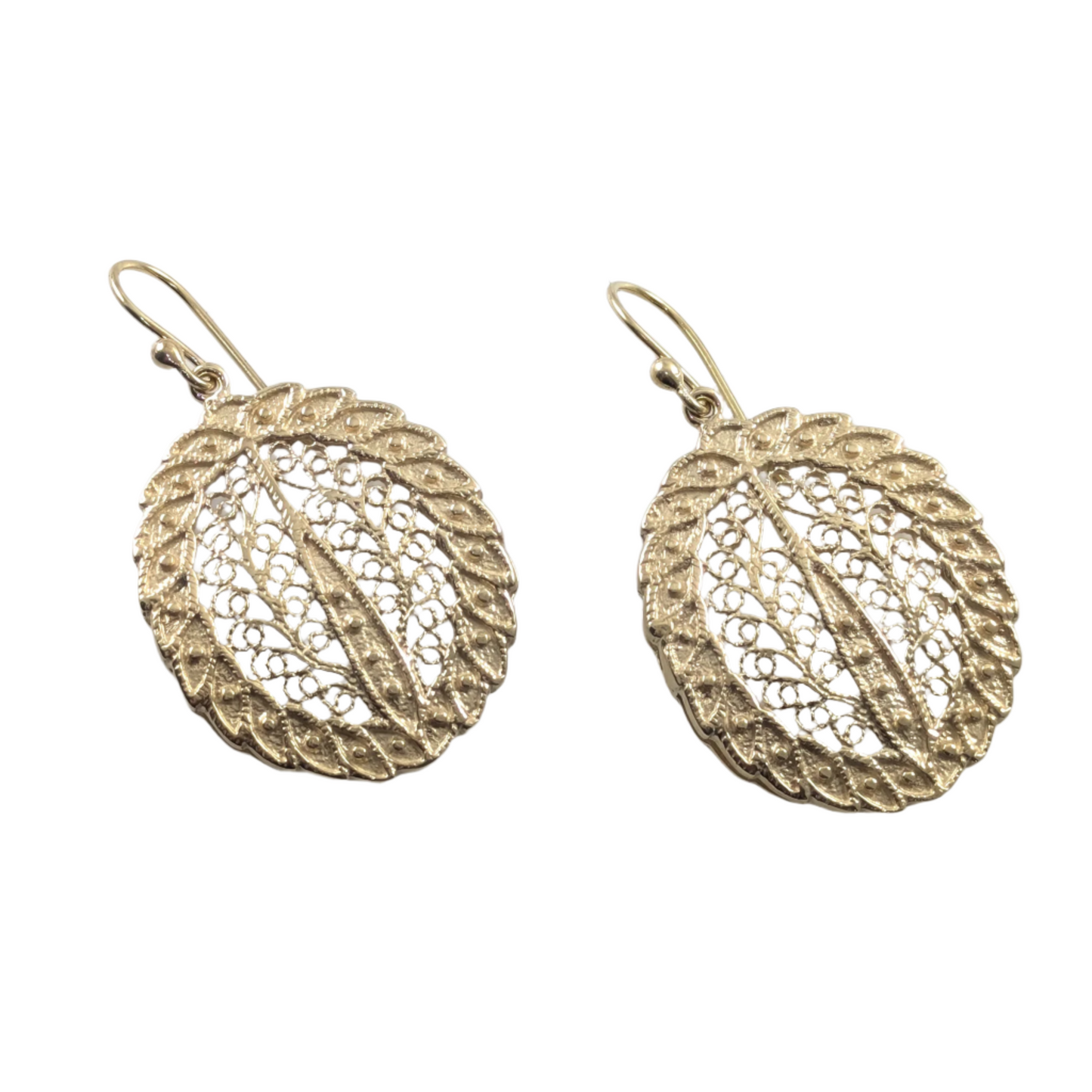 Gold Over Bronze Large Filigree Leaf-Shaped Dangle Earrings