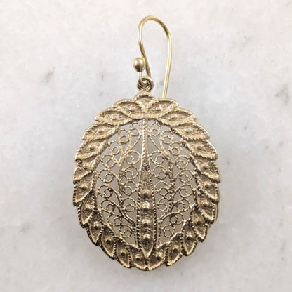 Gold Over Bronze Large Filigree Leaf-Shaped Dangle Earrings - TurkishBling
