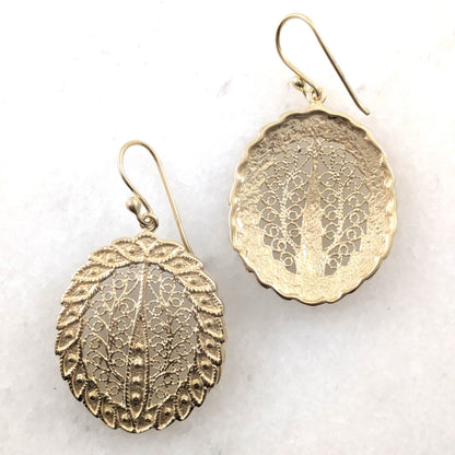 Gold Over Bronze Large Filigree Leaf-Shaped Dangle Earrings - TurkishBling