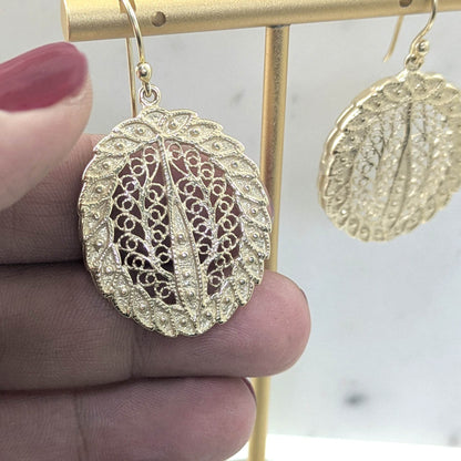 Gold Over Bronze Large Filigree Leaf-Shaped Dangle Earrings - TurkishBling