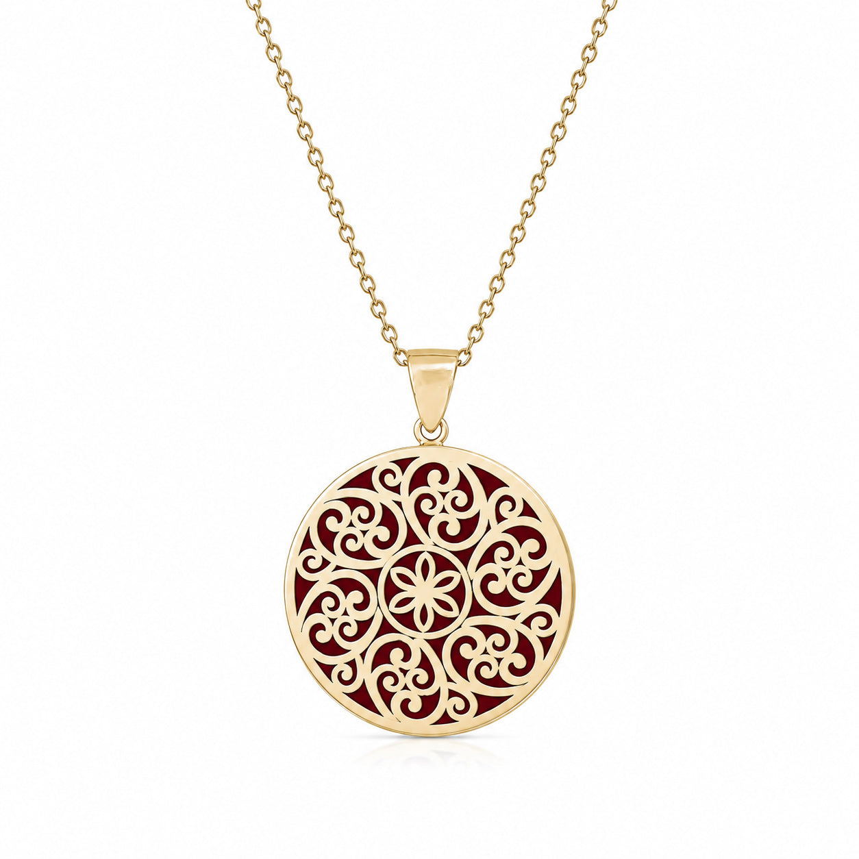 Round Openwork Scroll Pendant with Burgundy Enamel