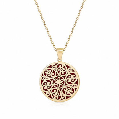 Round Openwork Scroll Pendant with Burgundy Enamel