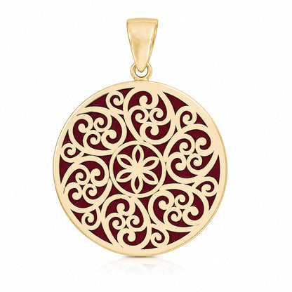 Round Openwork Scroll Pendant with Burgundy Enamel