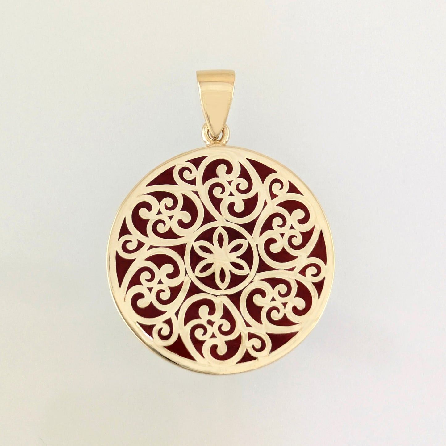 Round Openwork Scroll Pendant with Burgundy Enamel