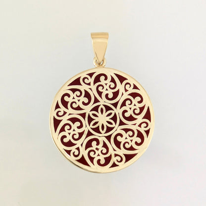 Round Openwork Scroll Pendant with Burgundy Enamel