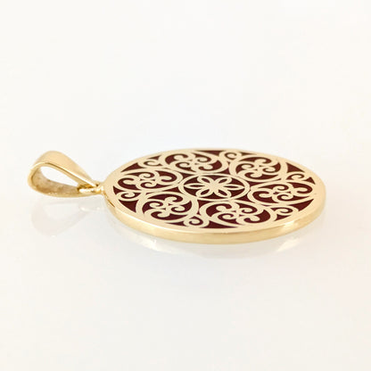 Round Openwork Scroll Pendant with Burgundy Enamel