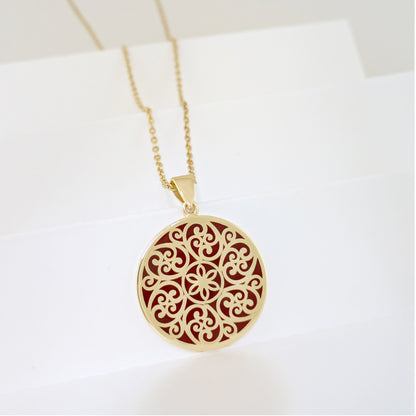 Round Openwork Scroll Pendant with Burgundy Enamel