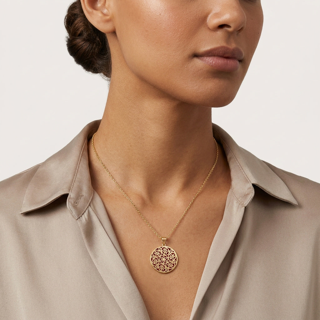 Round Openwork Scroll Pendant with Burgundy Enamel