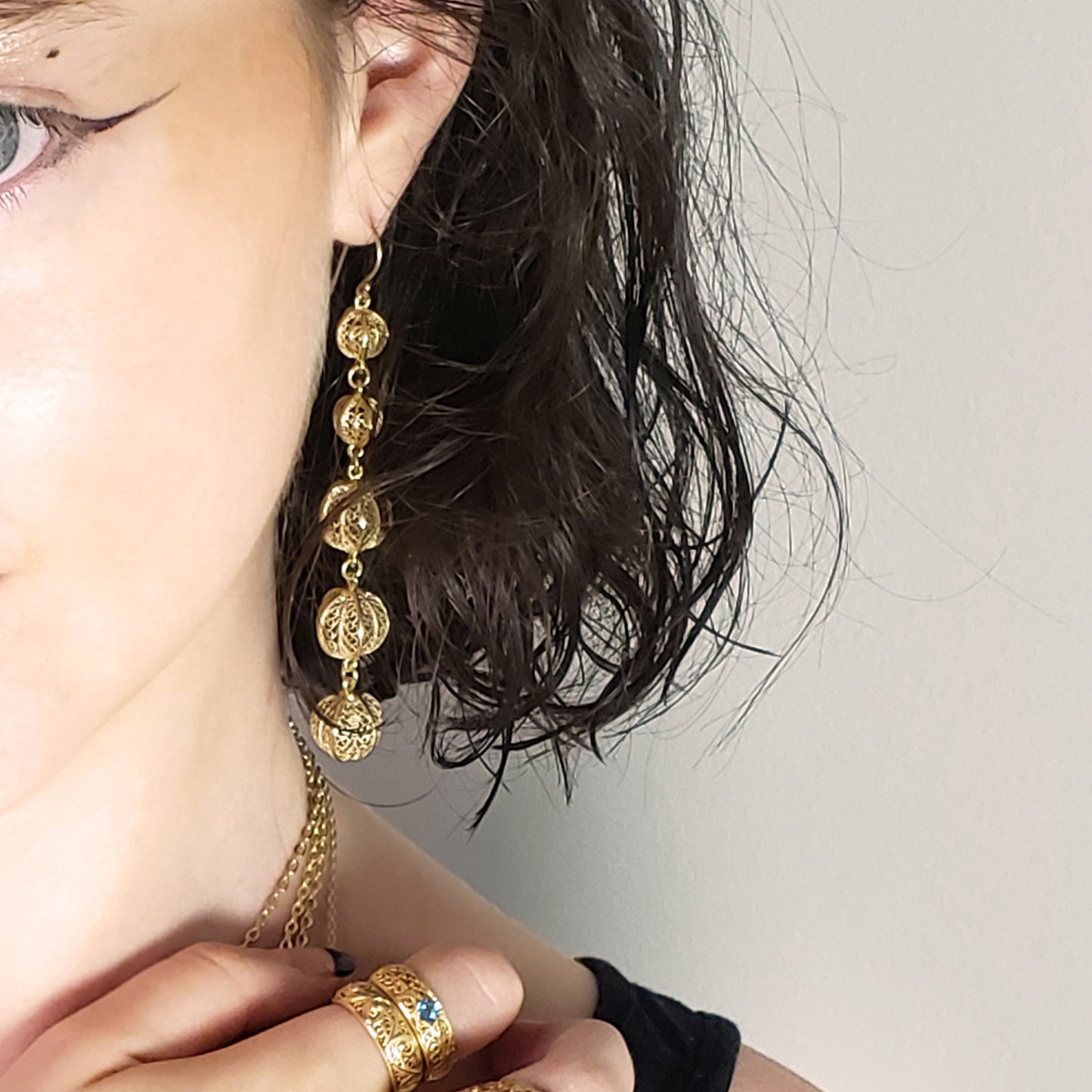 Long Filigree Ball Dangle Earrings