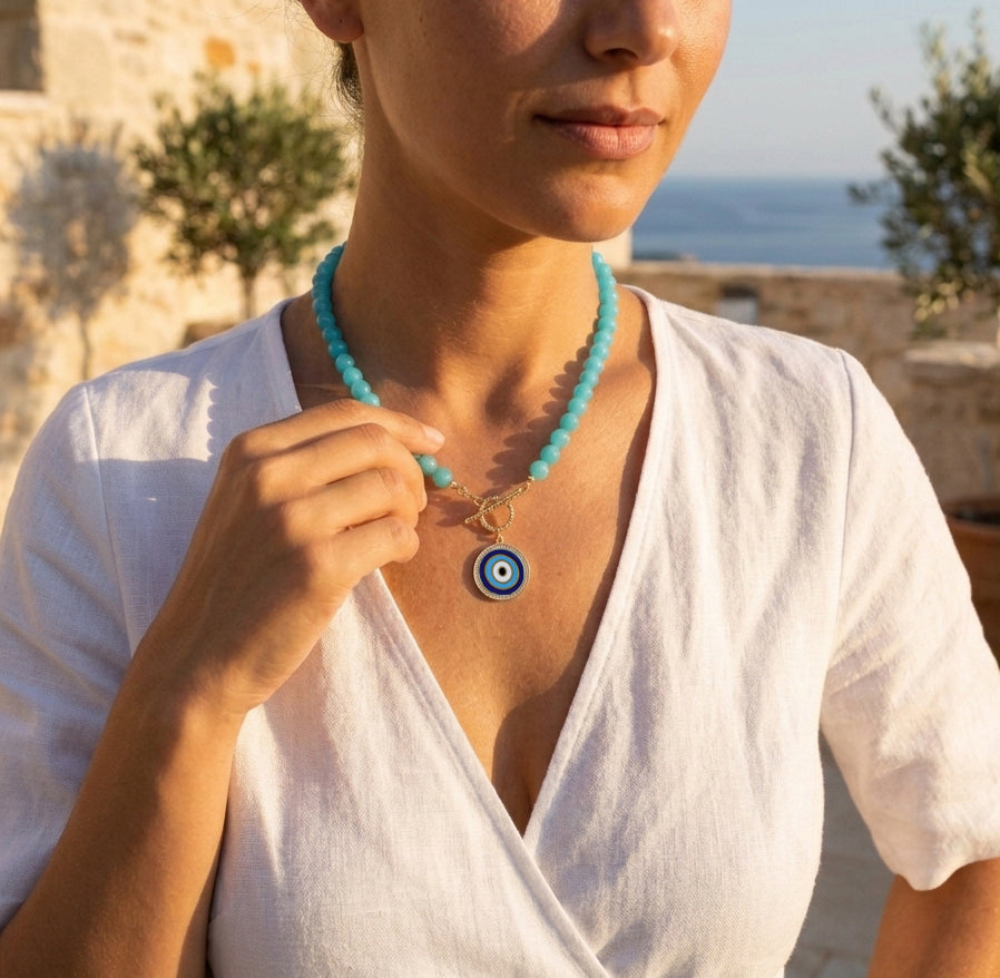 Blue Calcite Evil Eye Beaded Necklace with T-Bar Clasp - Gold over Sterling Silver