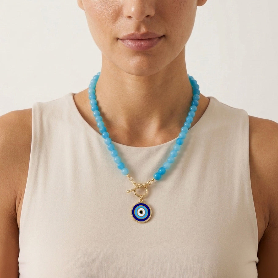 Blue Calcite Evil Eye Beaded Necklace with T-Bar Clasp - Gold over Sterling Silver