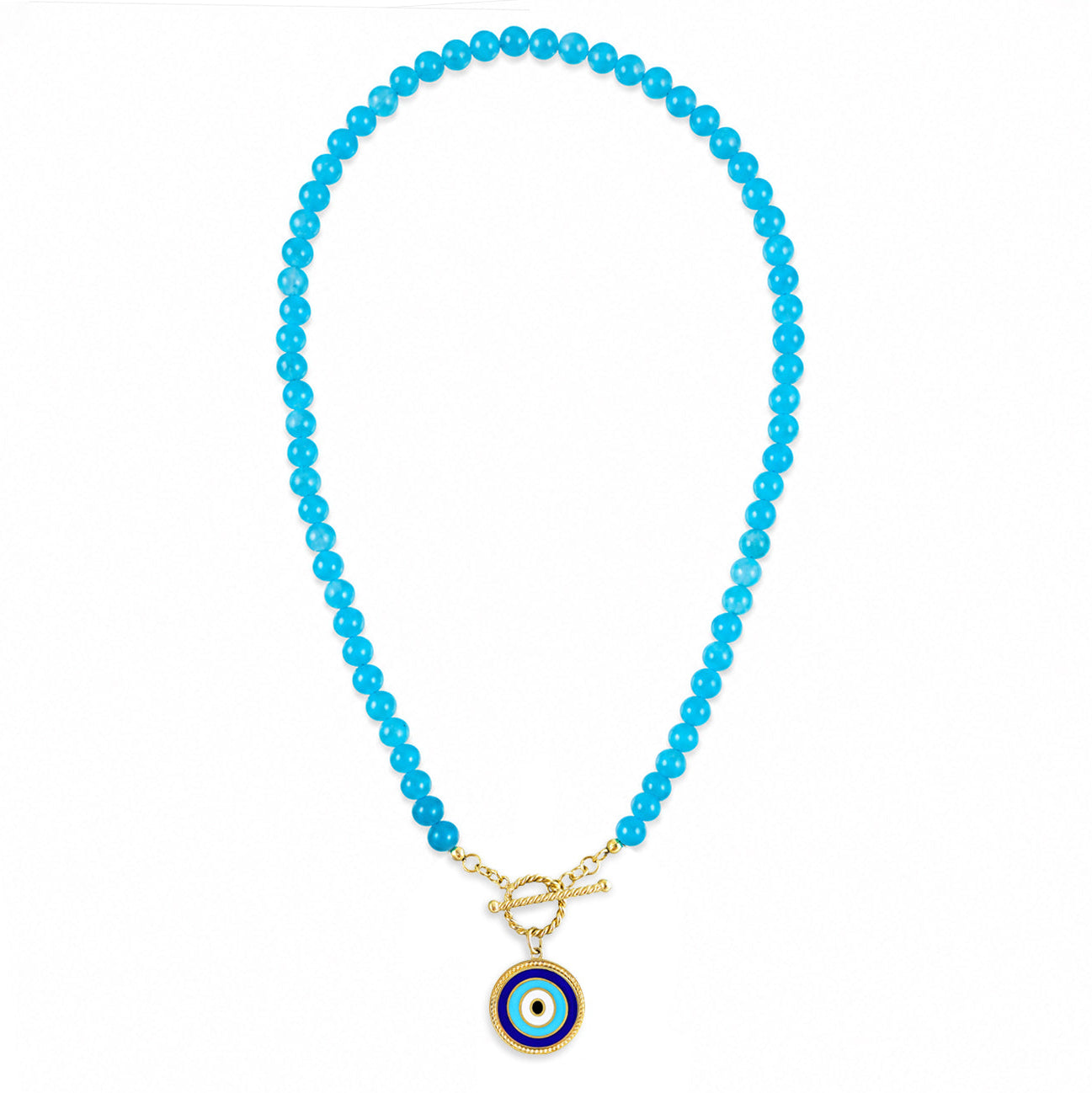 Blue Calcite Evil Eye Beaded Necklace with T-Bar Clasp - Gold over Sterling Silver