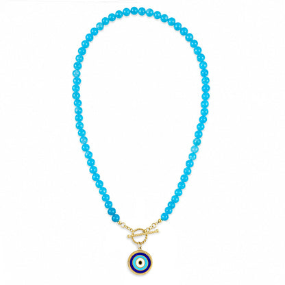 Blue Calcite Evil Eye Beaded Necklace with T-Bar Clasp - Gold over Sterling Silver