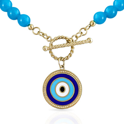 Blue Calcite Evil Eye Beaded Necklace with T-Bar Clasp - Gold over Sterling Silver