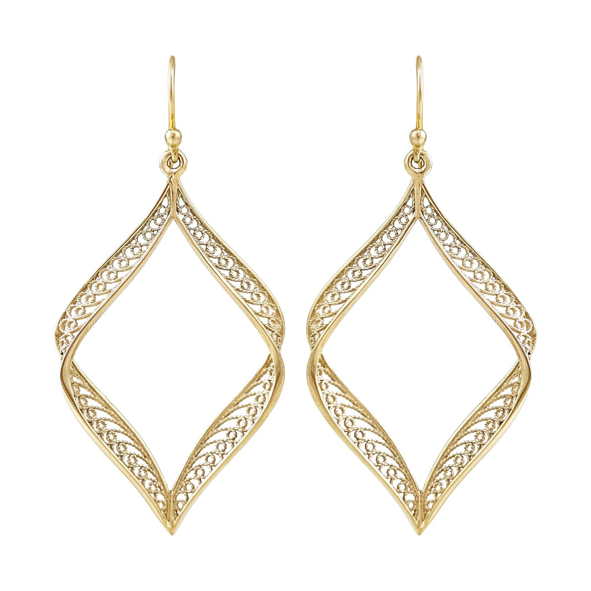 Ribbon Marquise Filigree Dangle Earrings with Sculptural Contour - TurkishBling