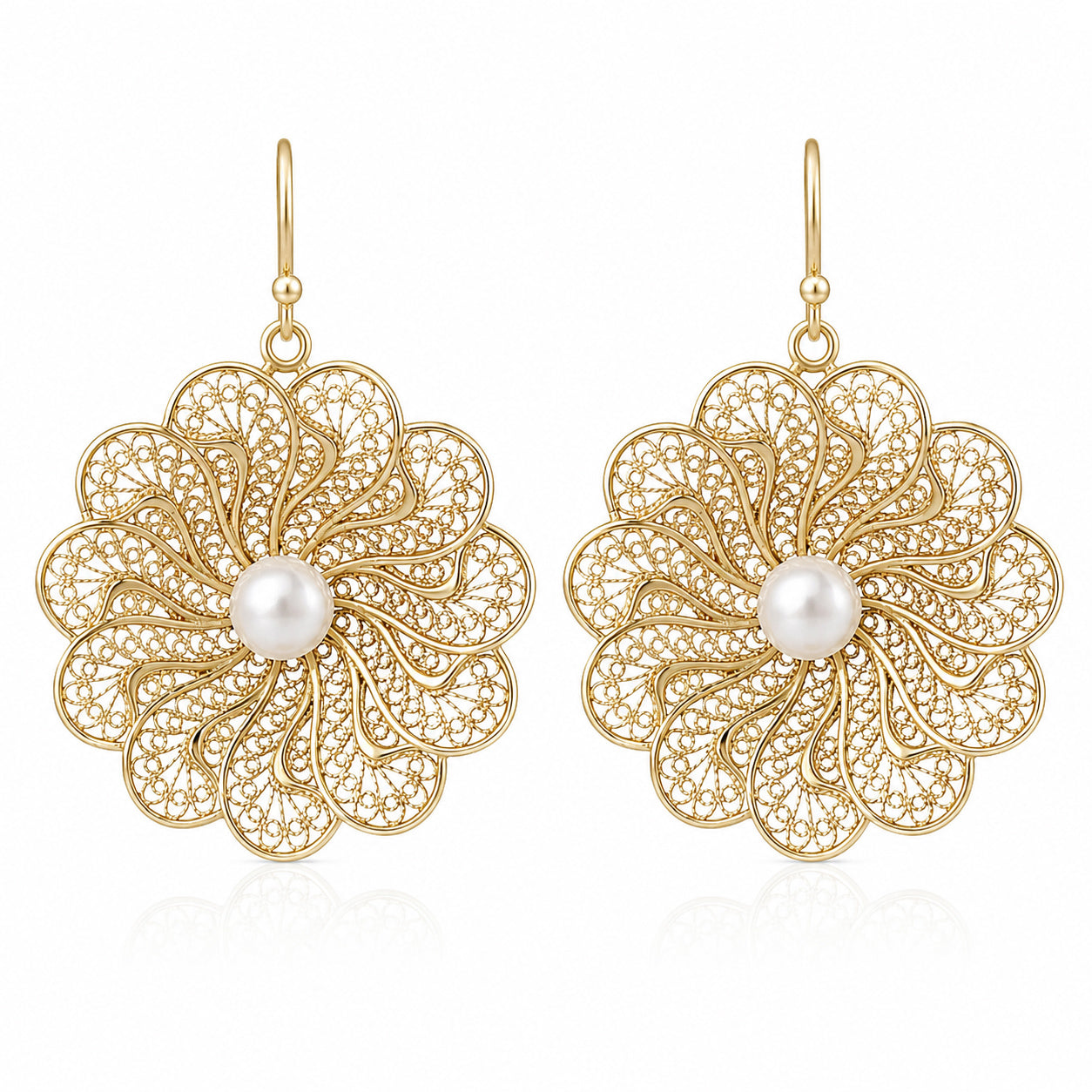 Round Floral Swirl Filigree Pearl Drop Earrings
