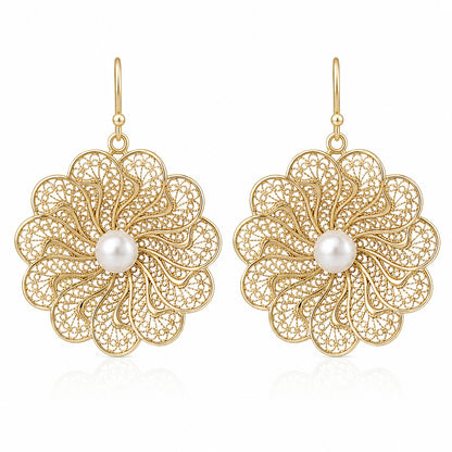 Round Floral Swirl Filigree Pearl Drop Earrings