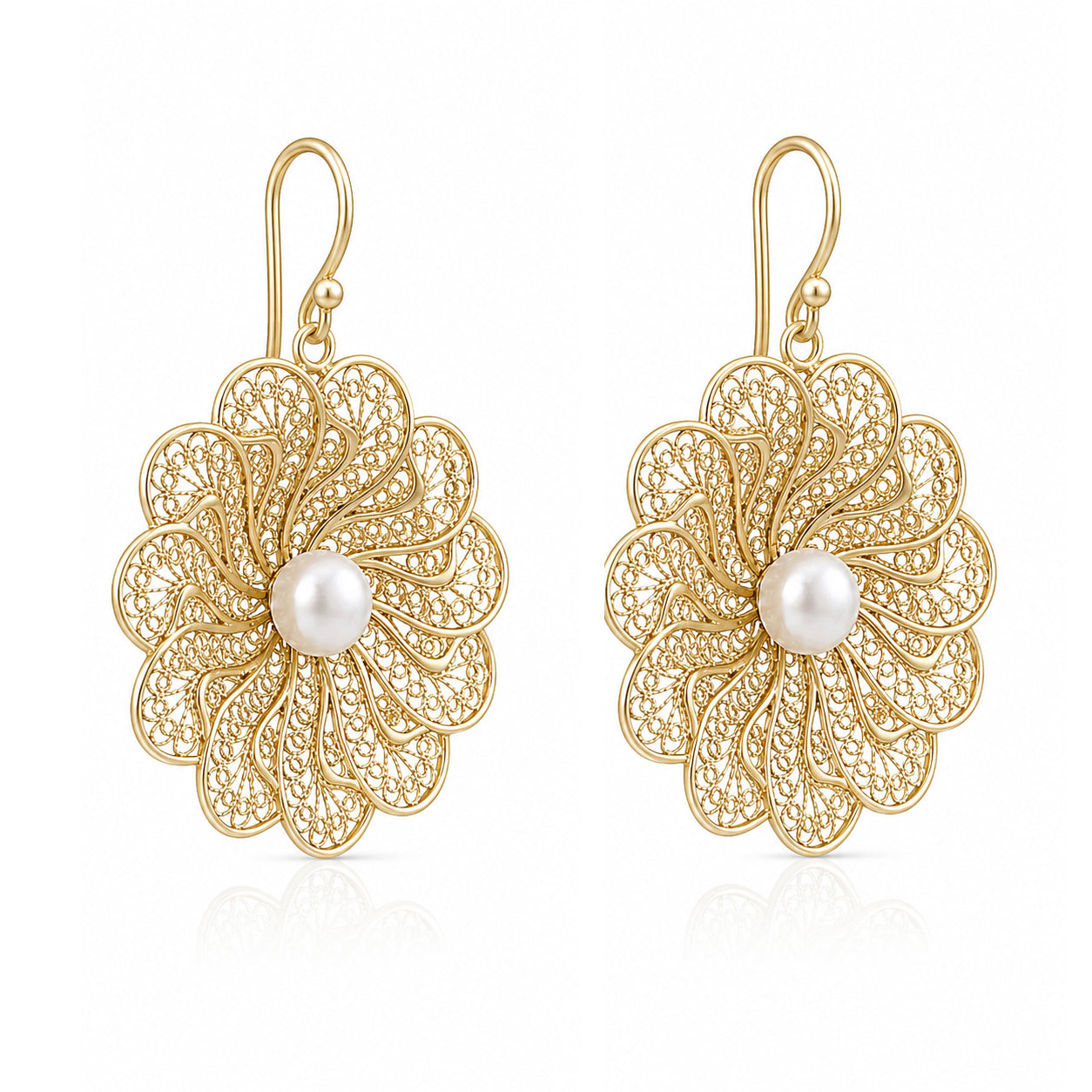 Round Floral Swirl Filigree Pearl Drop Earrings