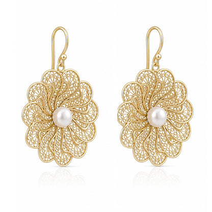 Round Floral Swirl Filigree Pearl Drop Earrings