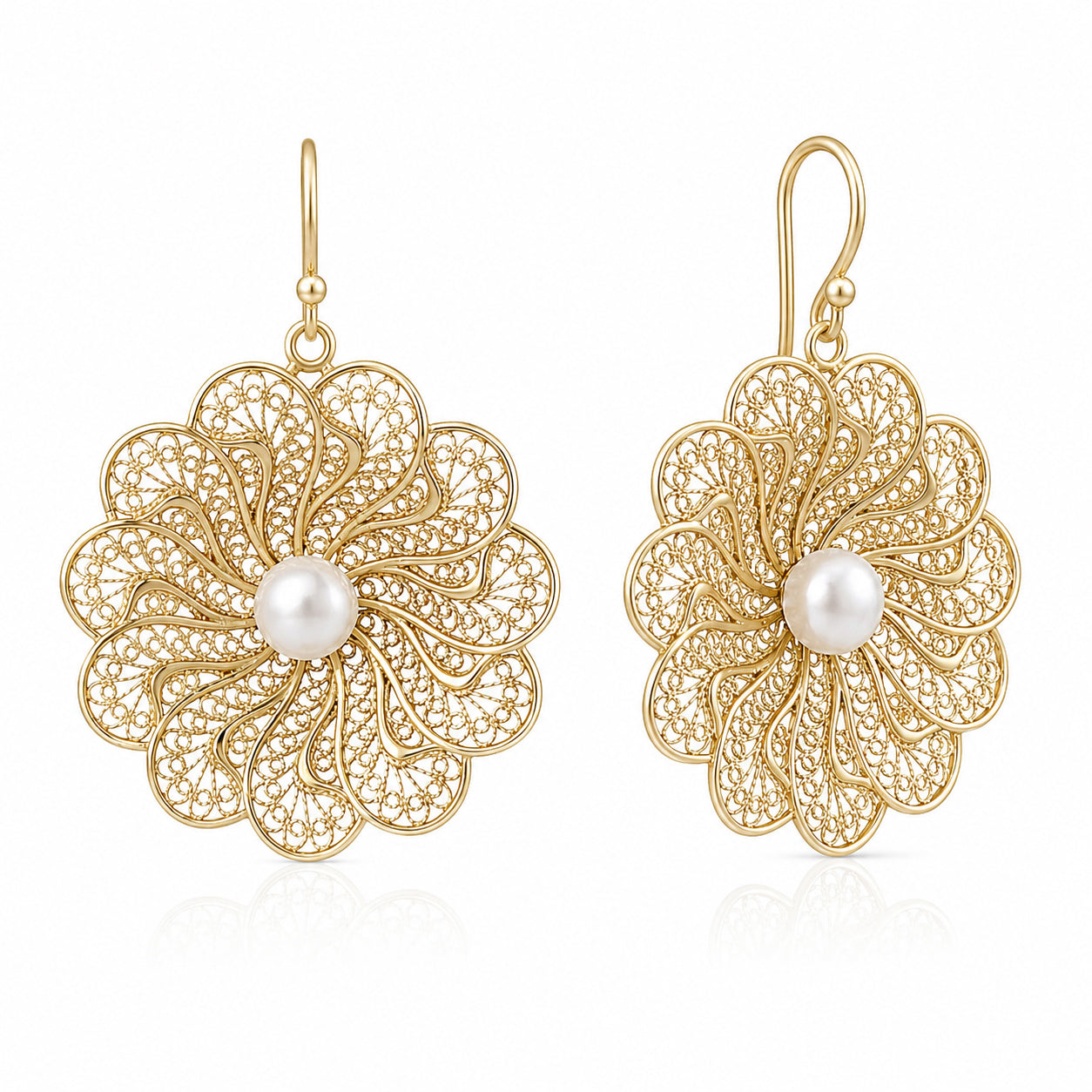 Round Floral Swirl Filigree Pearl Drop Earrings