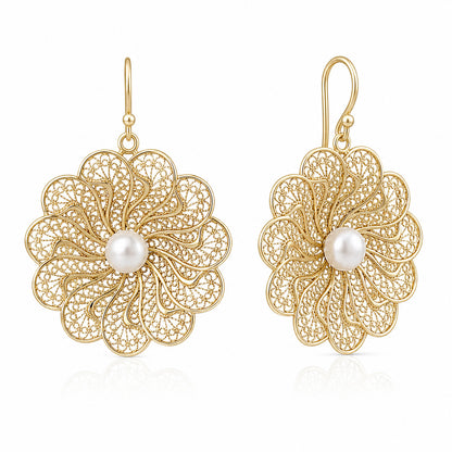Round Floral Swirl Filigree Pearl Drop Earrings