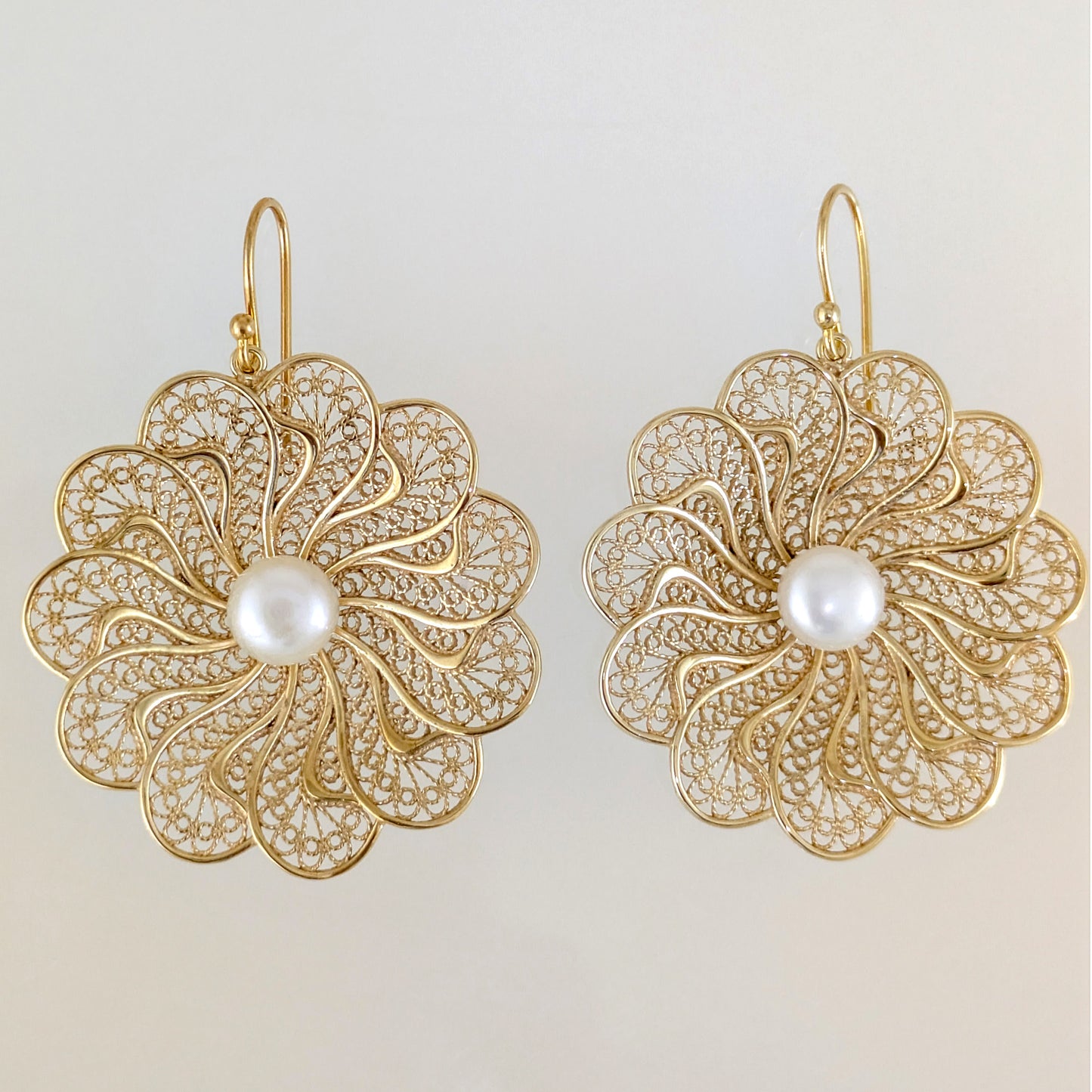 Round Floral Swirl Filigree Pearl Drop Earrings