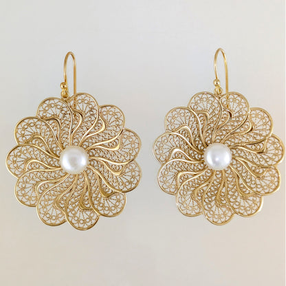 Round Floral Swirl Filigree Pearl Drop Earrings