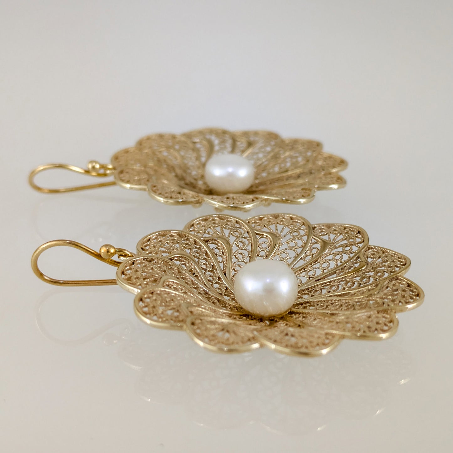 Round Floral Swirl Filigree Pearl Drop Earrings