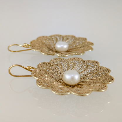 Round Floral Swirl Filigree Pearl Drop Earrings