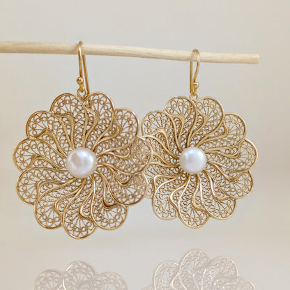 Round Floral Swirl Filigree Pearl Drop Earrings
