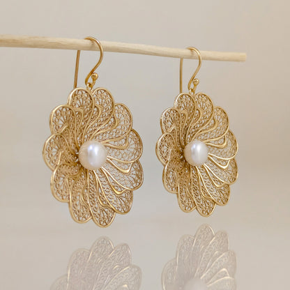Round Floral Swirl Filigree Pearl Drop Earrings