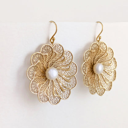 Round Floral Swirl Filigree Pearl Drop Earrings
