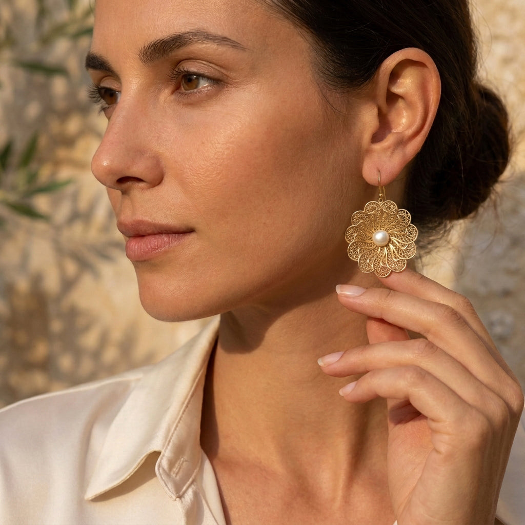 Round Floral Swirl Filigree Pearl Drop Earrings