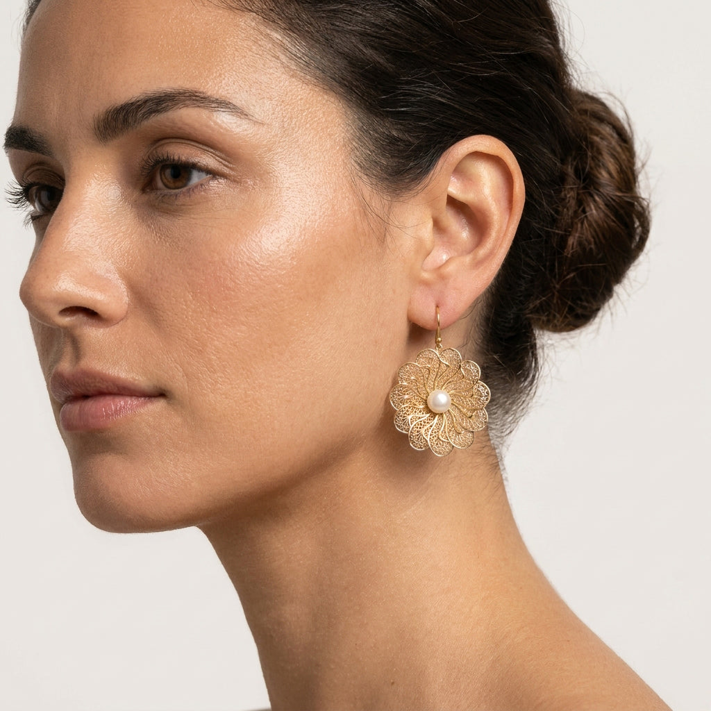 Round Floral Swirl Filigree Pearl Drop Earrings
