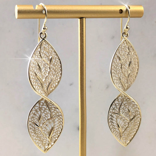 Nature Inspired Filigree Leaf Dangle Earrings – Elegant Long Earrings with Intricate Detail - TurkishBling