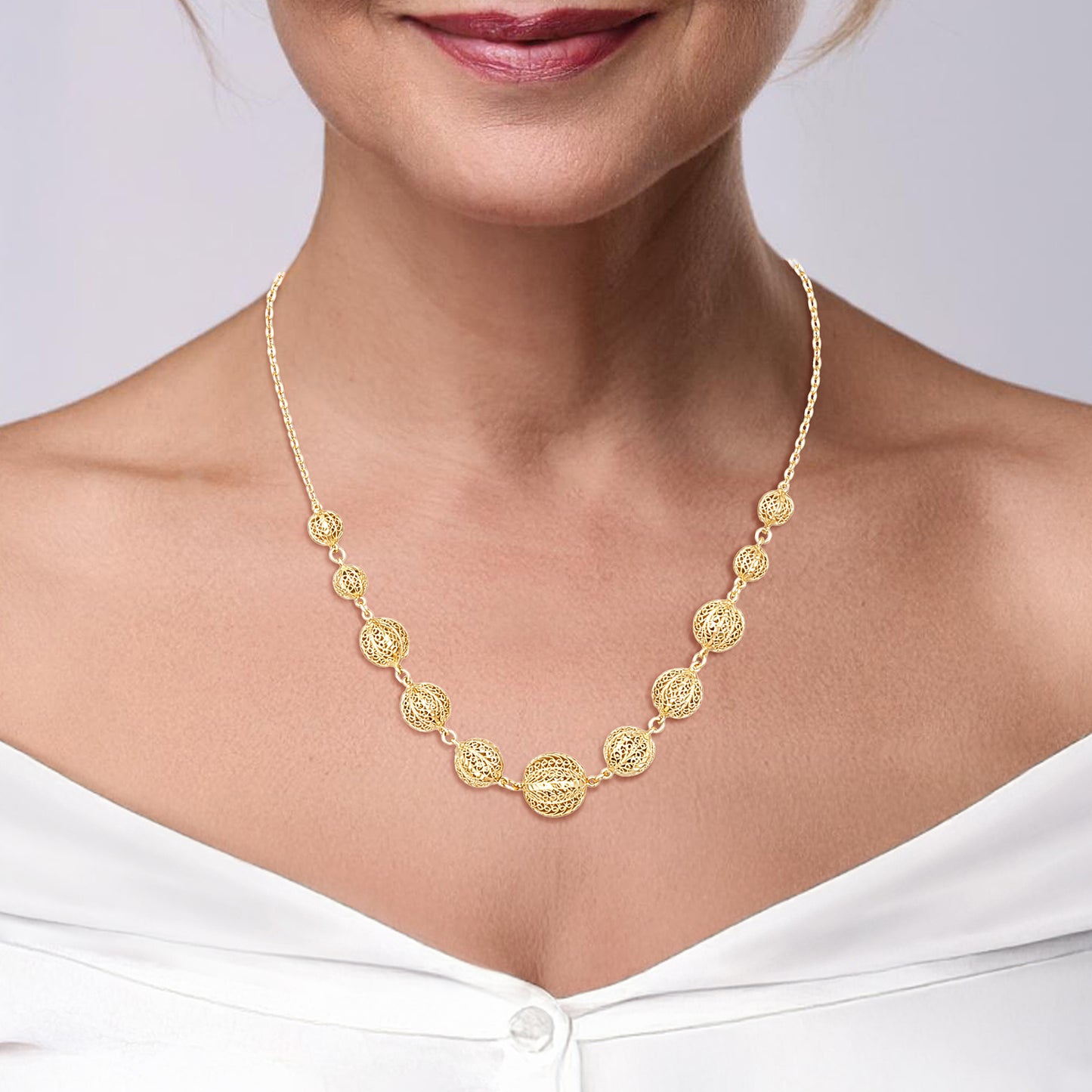 Filigree Ball Necklace – Statement Bead Design in 18k Gold over Bronze