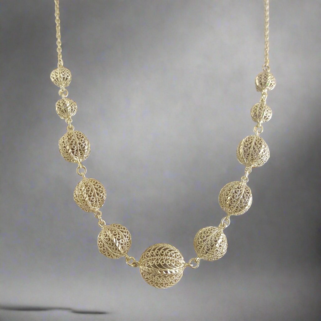 18K Gold Plated Bronze Filigree Ball Necklace – 18 Inch, Shiny and Elegant Design