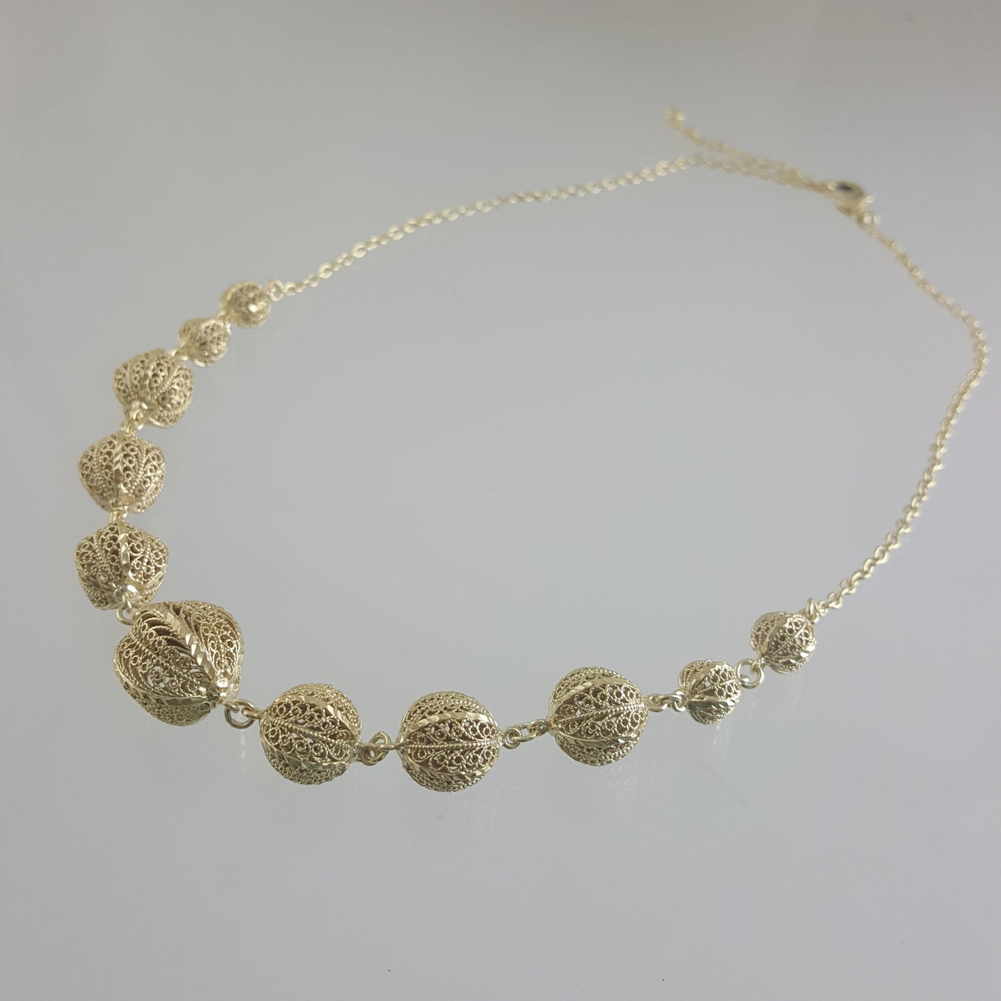 18K Gold Plated Bronze Filigree Ball Necklace – 18 Inch, Shiny and Elegant Design