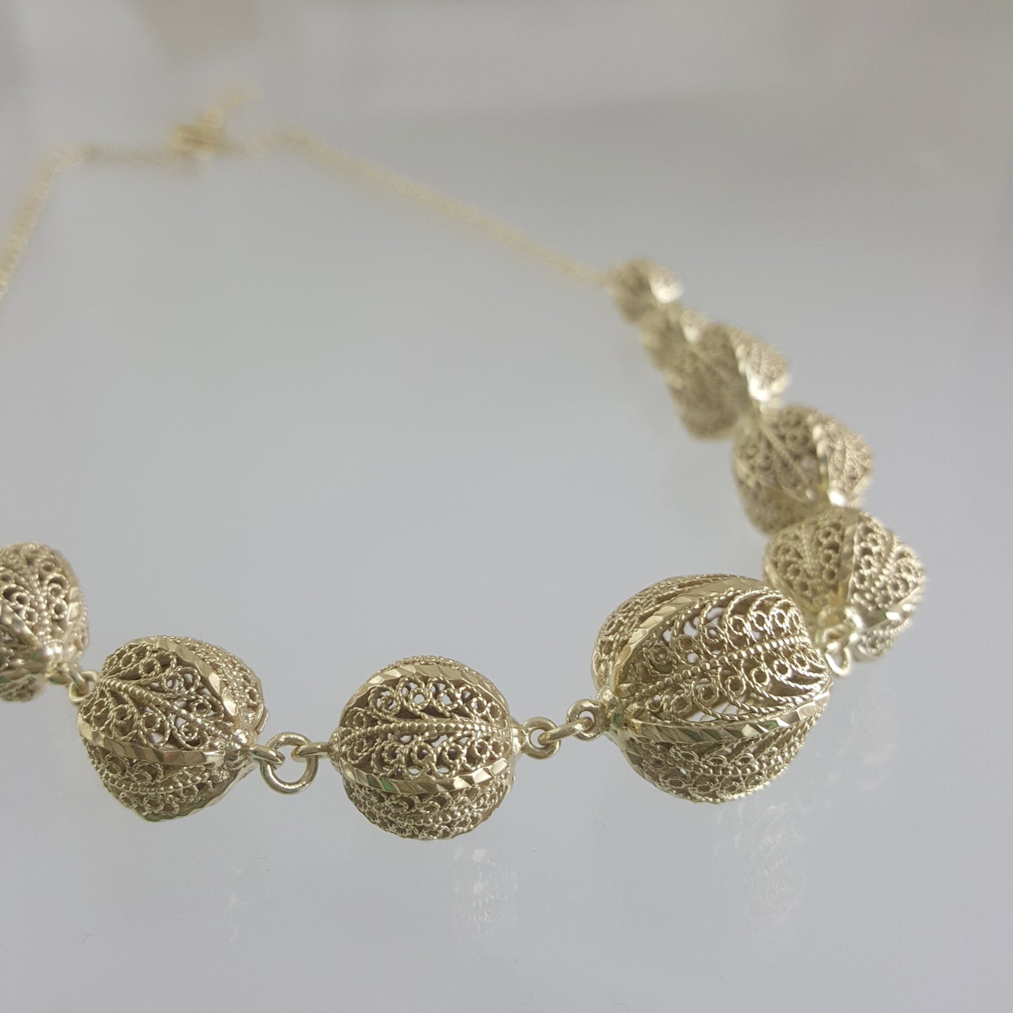 18K Gold Plated Bronze Filigree Ball Necklace – 18 Inch, Shiny and Elegant Design