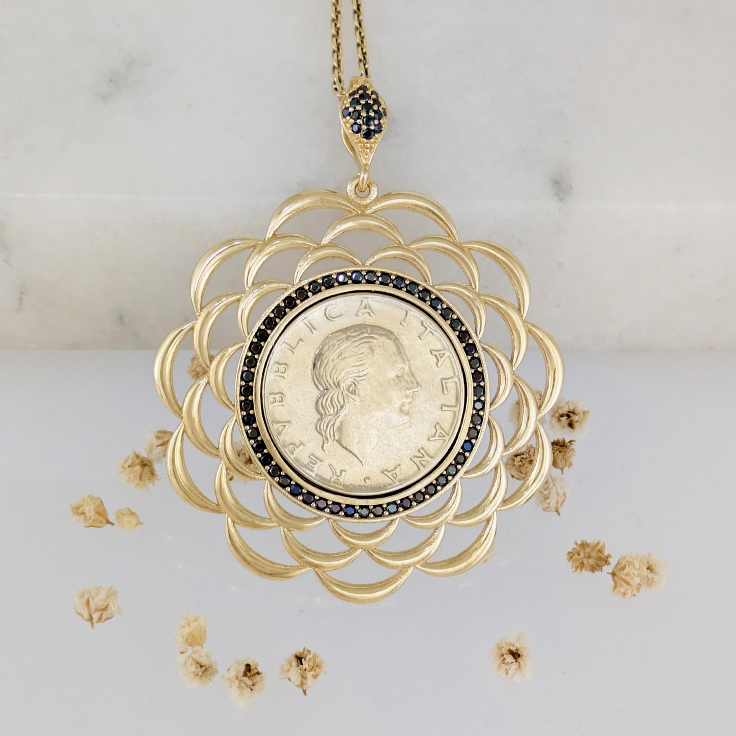 Black Spinel Halo Italian Coin Necklace Pendant – Handcrafted in Istanbul