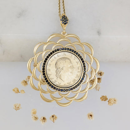 Black Spinel Halo Italian Coin Necklace Pendant – Handcrafted in Istanbul